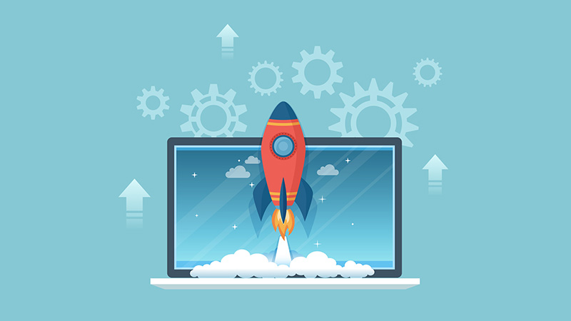 Business project startup, financial planning, idea, strategy, management, realization, success. Start up concept. Rocket ship launching from laptop screen. Vector