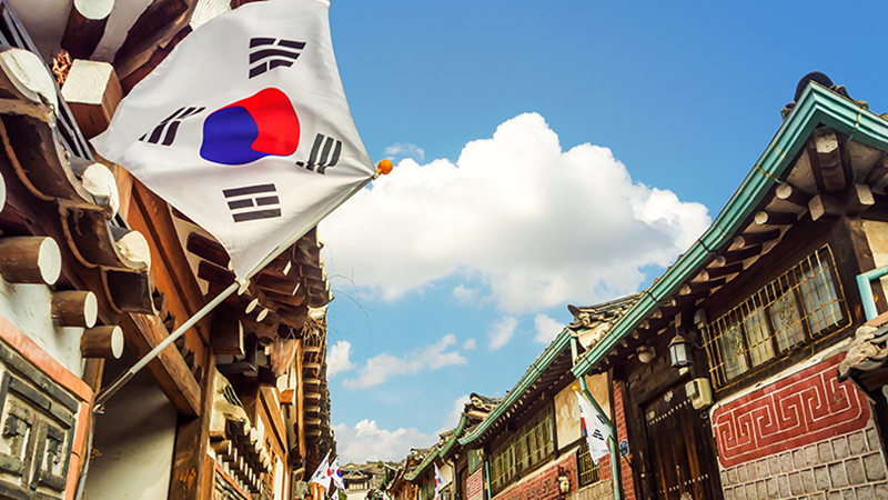 Traditional Korean style architecture at Bukchon Hanok Village in Seoul, South Korea.